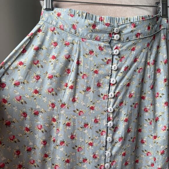 Vintage 90s Express Floral Midi Skirt Blue Rose Print Button Front Cottagecore S - Picture 6 of 11